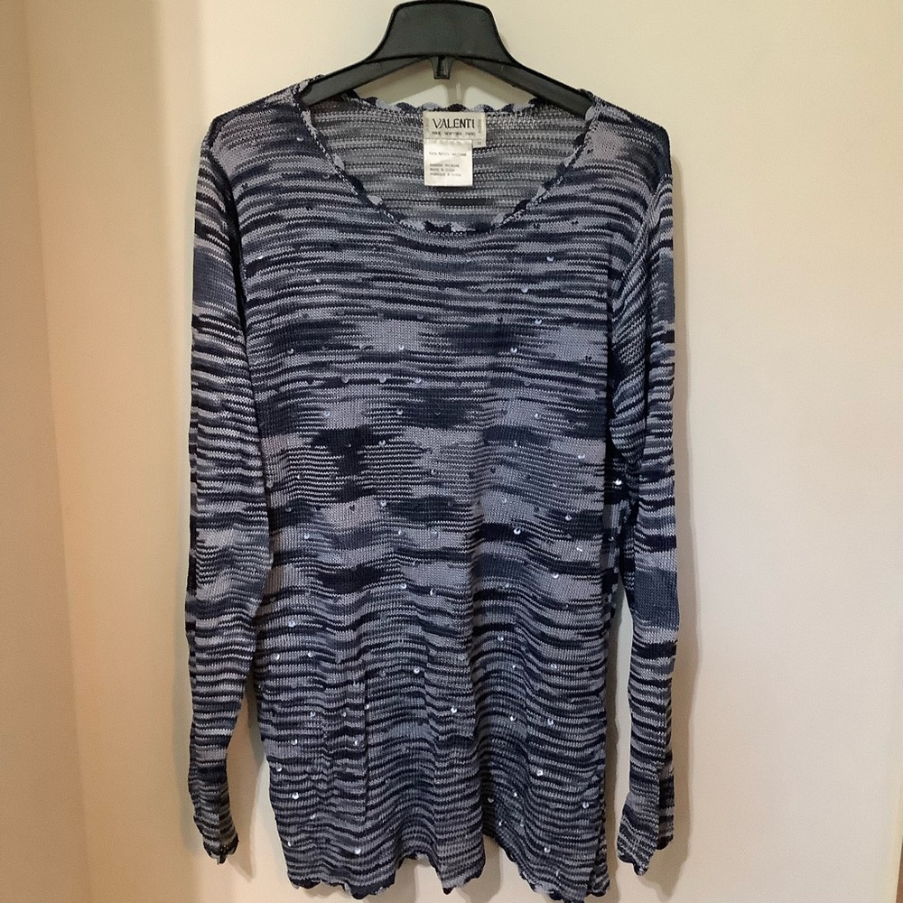 VALENTI: Blue/Gray Striped Sequin Top